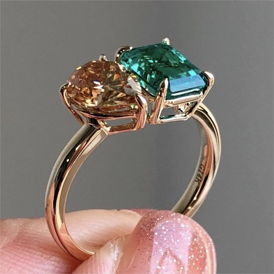 14K Gold Plated Women's Engagement Double Stone Ring Emerald and Pear Cut Champagne Eternal Cubic Zirconia Wedding Promise Ring （Size 10）2