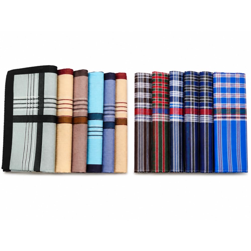 Premium Cotton Handkerchief Combo Pack of 12 for Men (6 Checkered + 6 Easy Wash Premium Collection) | 100% Pure Cotton Soft Absorbent Big Size Rumal | Washable Reusable Hankies for Office & Daily Use-picture-30