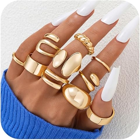 ÌF ME 10 PCS Gold Rings Set for Women Non Tarnish, 18K Gold Plated Chunky Stackable Rings, Statement Stacking Womens Ring Pack