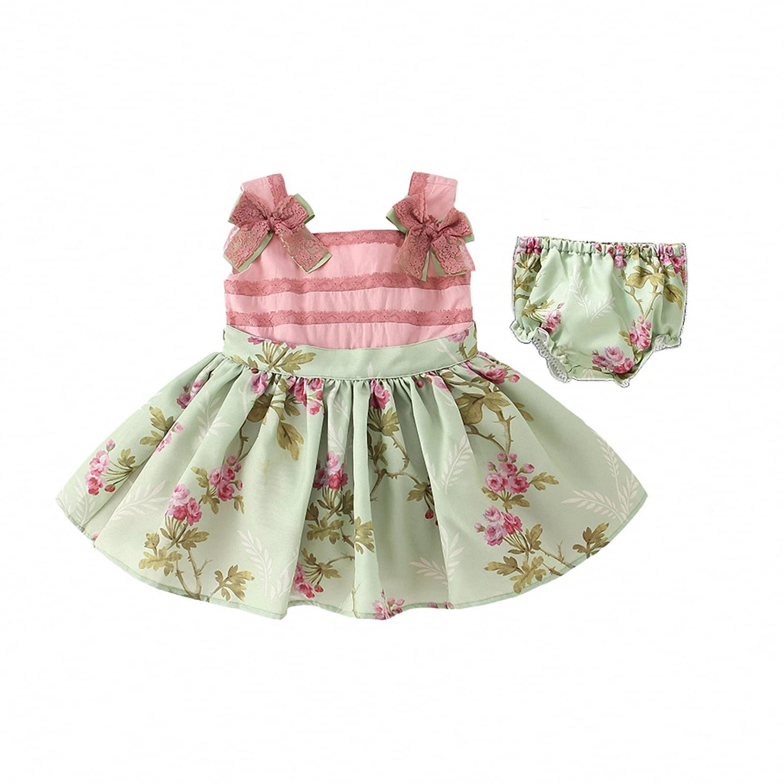 Mädchenkleid + Slip, zweiteiliges Set, ärmelloser westerock mit Baby-Print, Schleife, sommerlicher süßer und süßer Tutu-Rock in A-Linie
