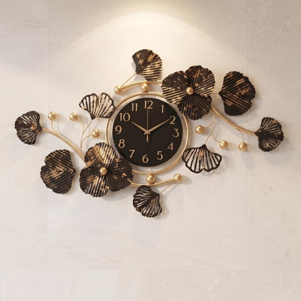Luxury Metal Wall Clock for Hall | Big Wall Clock for Living Room | Premium Gold & Black Floral Design | Elegant Wall Decor Items for Living Room | Modern Home Decor Art-picture-13