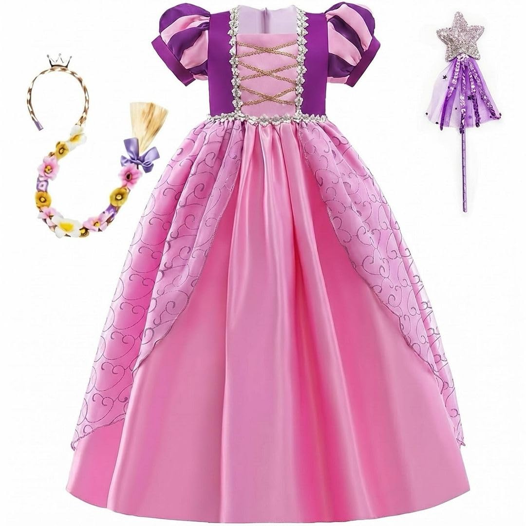 COLOR PRINCE Princess Costumes for Girls with Long Hair Flower Braid | Purple Sequined Tulle Fancy Dress Party Gown | Kids Toddler Cosplay Outfit for Birthday & Halloween | Ages 4-5 Years