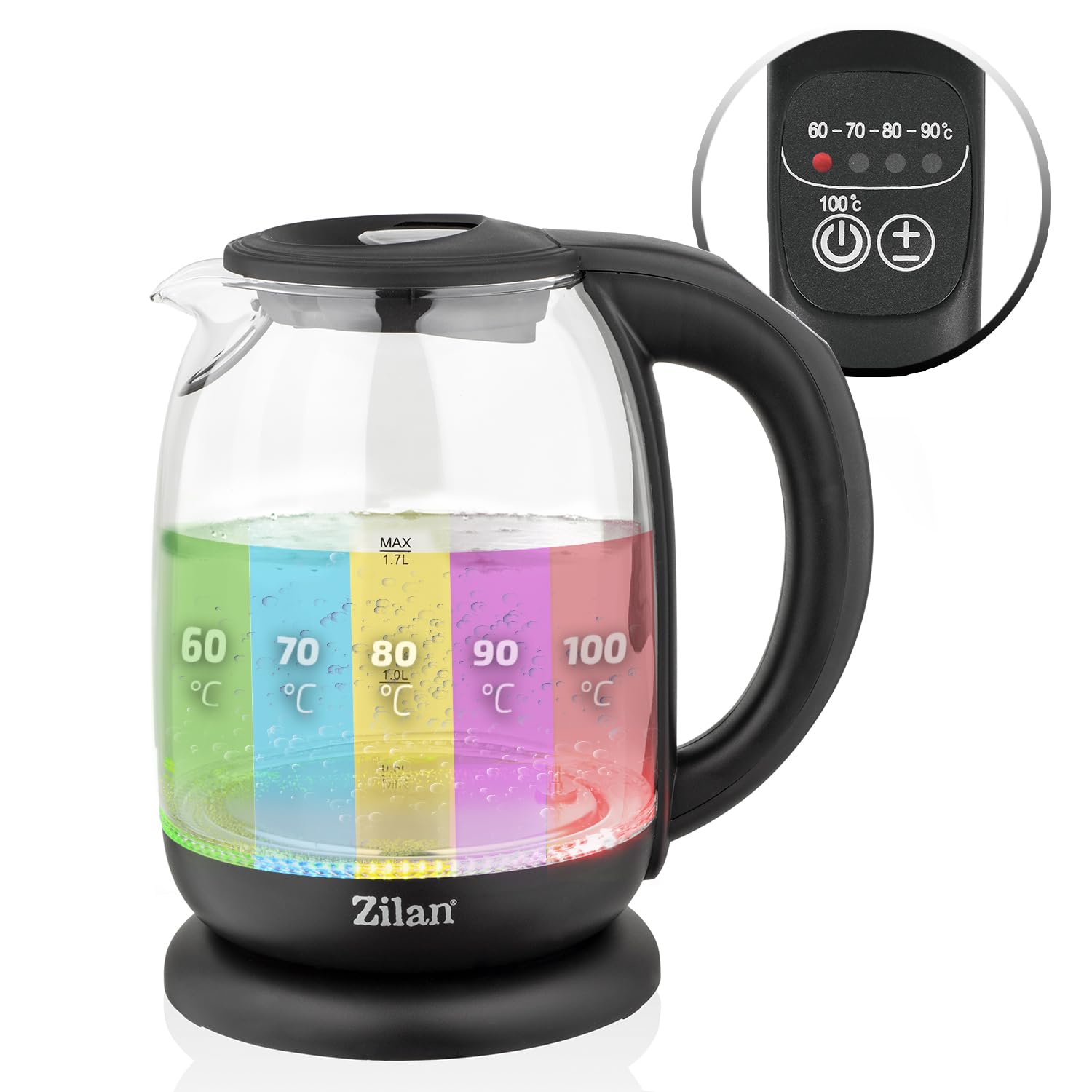 Bouilloire en verre numérique LED 1.7L 2200W 5 réglages température sans fil 360°
