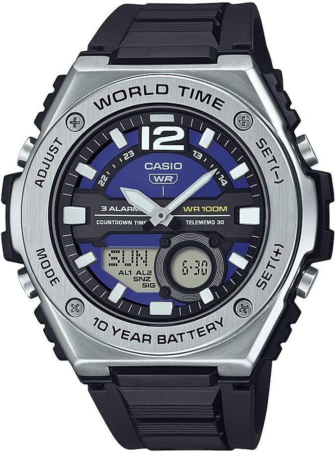 MWQ100 Series | Men’s Digital Watch | 100M WR | Stainless Steel | World Time | Countdown Timer | Auto Calendar | Telememo | Multi Alarms | 100 SEC Chronograph | 10 Year Battery