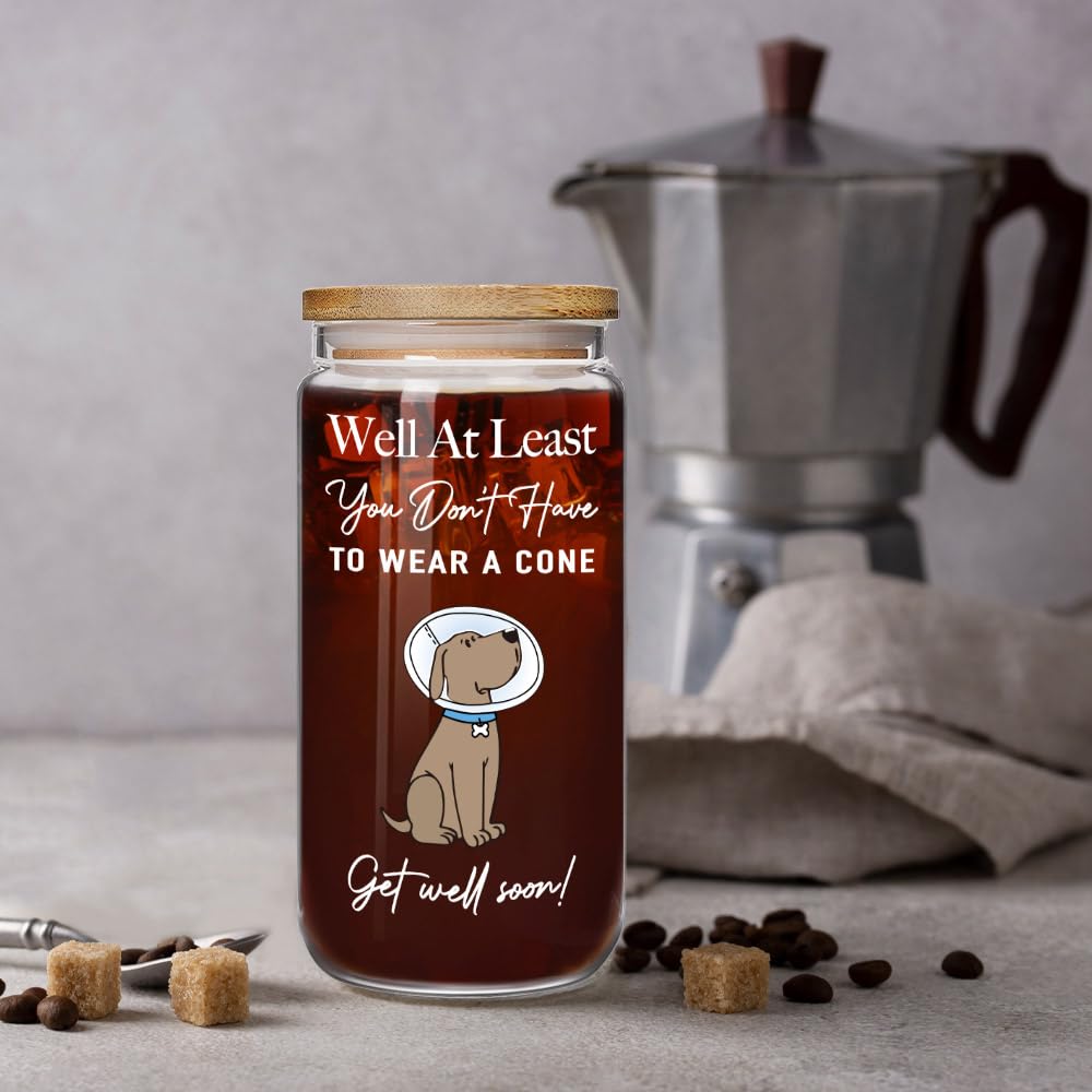 Get Well Soon Gifts for Women After Surgery - Well At Least You Don’t Have to Wear A Cone, Men Recovery Gifts from Friends Feel Better Get Wells 16 oz Glass Cup with Lids and Straws