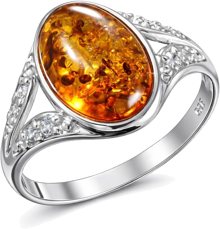Baltic Honey Amber Ring in 925 Sterling Silver for Women - Genuine Natural Amber Gemstone Jewelry - Elegant Everyday & Gift Ring - HolidayGiftShops