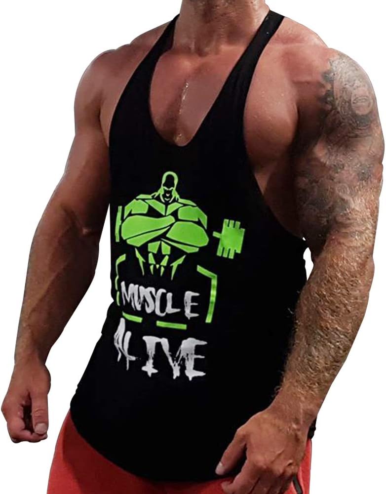 Muscle AliveMens Bodybuilding Stringer Tank Tops Cotton Racerback Arch Hem, Black, L