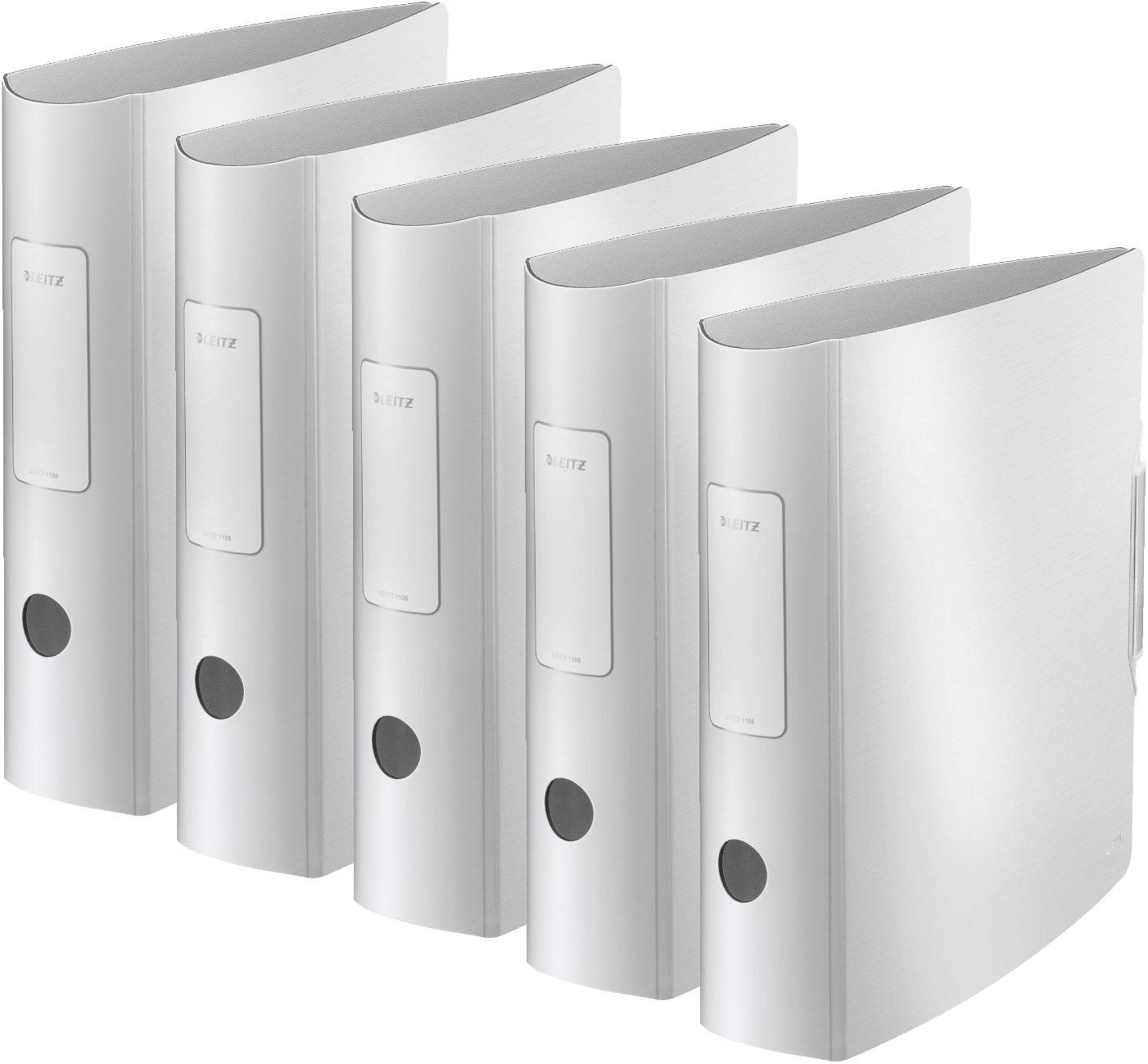 5 Stück Leitz 11080028 Multifunktions-Ordner (A4, Runder Rücken 8,2 cm Breite, Gummibandverschluss, Gebürstete Alu-Optik, Kunststoff, Ergonomische Form, Active Style) weiß