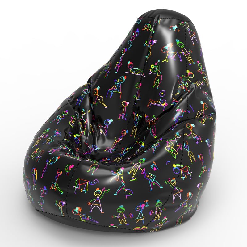 Image of Biggie Bean Bag 1Xl Bean Bag Chair with Beans Filled-Perfect for Living Room,Bedroom,Study-Sale Design(Printed - Full-Gym Poses - F - Black)-Faux Leather