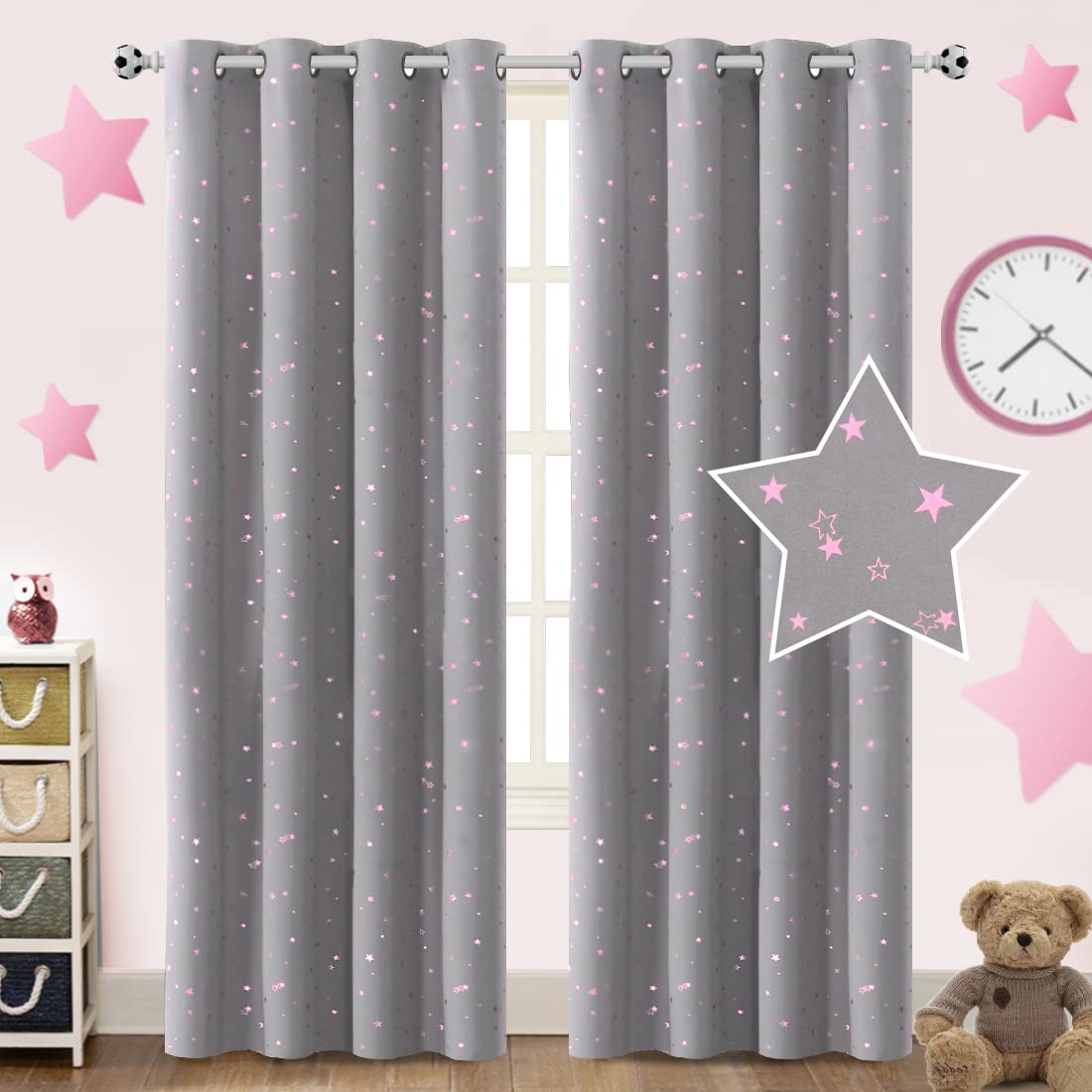 Blackout Kids Curtains for Bedroom Thermal Insulated Pink Twinkle Star Curtains for Boys Girls Antique Grommet Top Window Treatment 2 Panels Drape for Nursery, Soft Thick (52"W x 84"L, Grey/Pink)