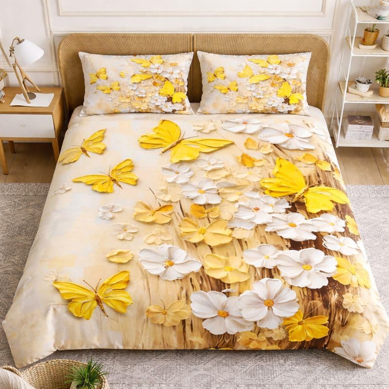 Image of Akshya King Size 7D Bedsheet 90x100 inches, Glace Cotton 300 TC Flat Bedspread for Double Bed with Large Pillow Covers Yellow Butterfly Cartoon Print