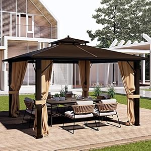 12 x 12 permanent hardtop gazebo outdoor galvanized steel double roof pavilion pergola canopy with aluminum frame nettings and curtains for garden patiopatio backyarddeck and lawns  urban country home decor