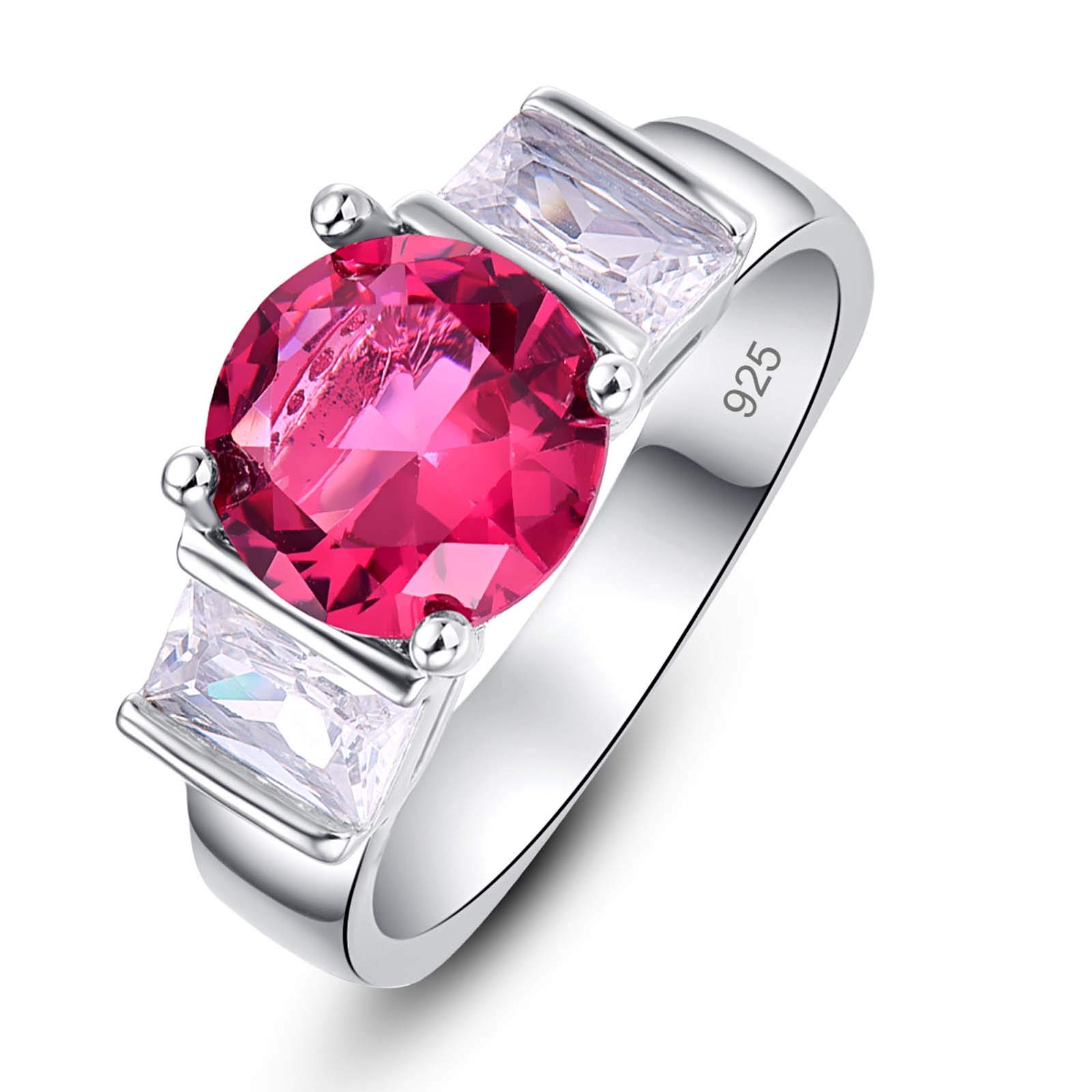 Emsione 925 Silver Plated Created Ruby Spinel Round Cut Wide Statement Eternity Promise Ring Engagement Wedding Bands for Women Size 8