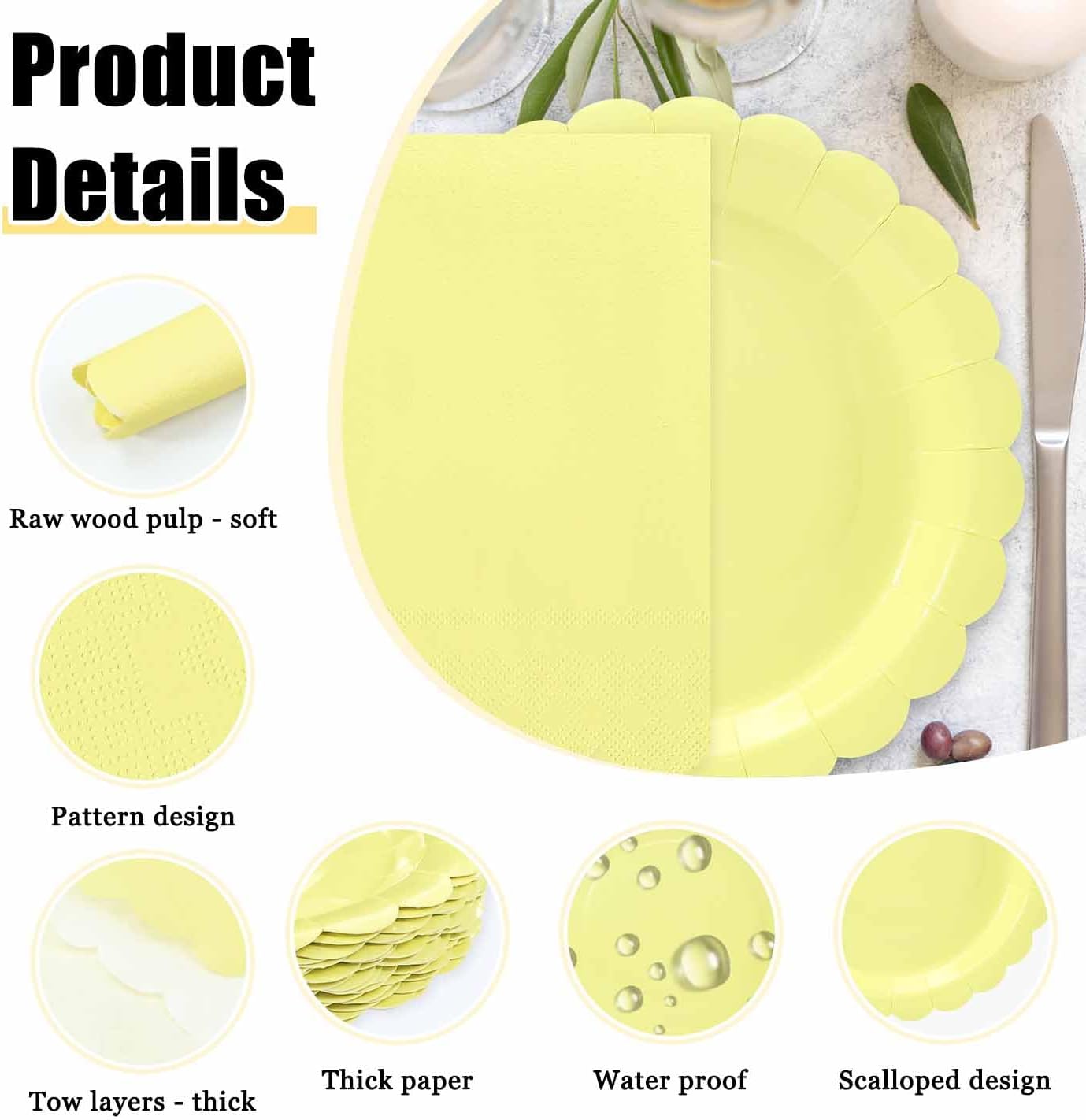 HEIPINIUYE 50 Pcs Yellow Paper Plates and Napkins Party Supplies Include 7'' Yellow Scalloped Plates and 6.5'' Paper Napkins Disposable Tableware Set for Dinner Wedding Birthday Party (Serves 25) image 4
