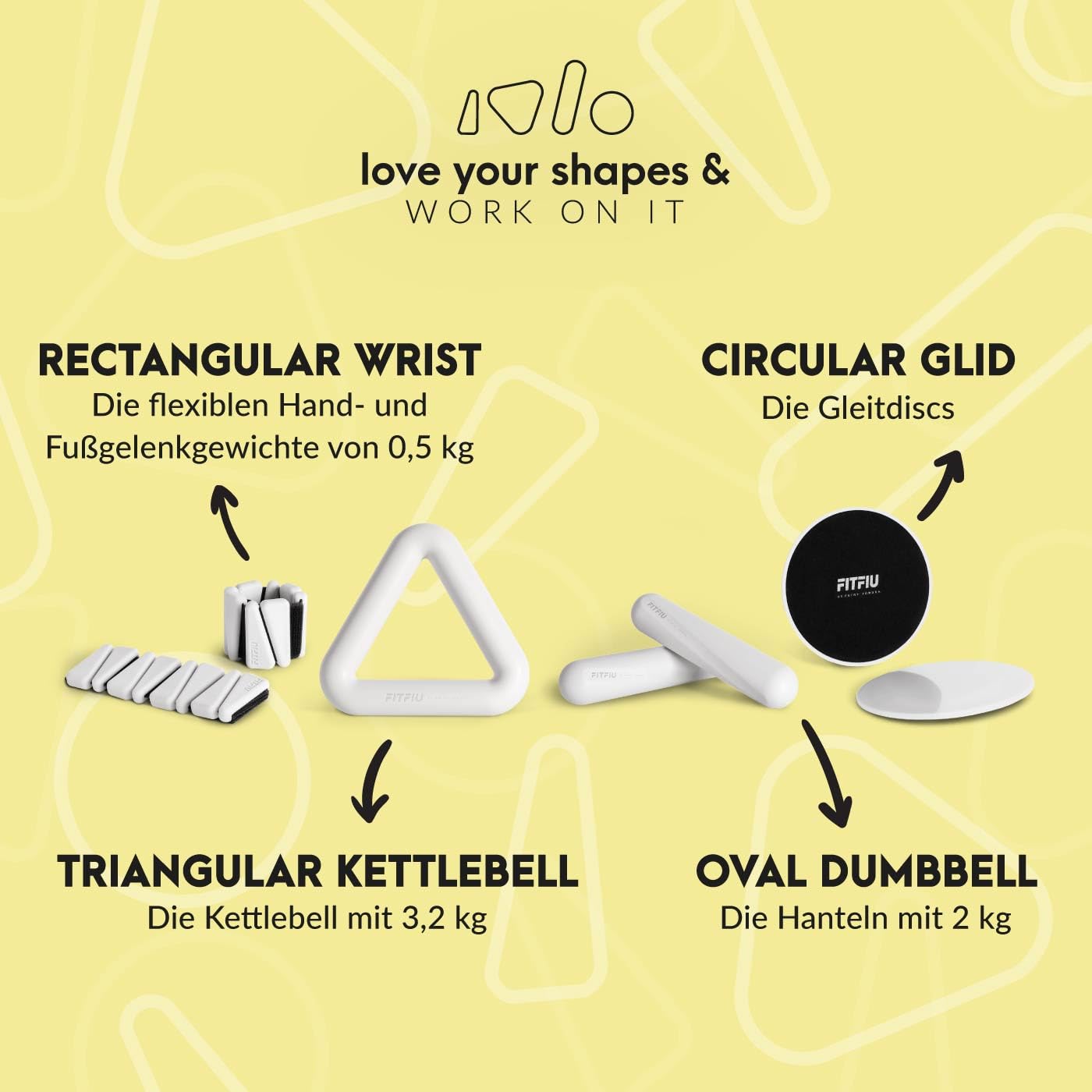 Fitfiu Fitness Shapes KIT - 4er-Pack Sportzubehör: 1 Kettlebell 2 Handgelenkbänder 2 Kurzhanteln 2 Gleitscheiben 1 Gummiband aus Stahl in weißem Silikon Shapes Collection by Patry Jordan