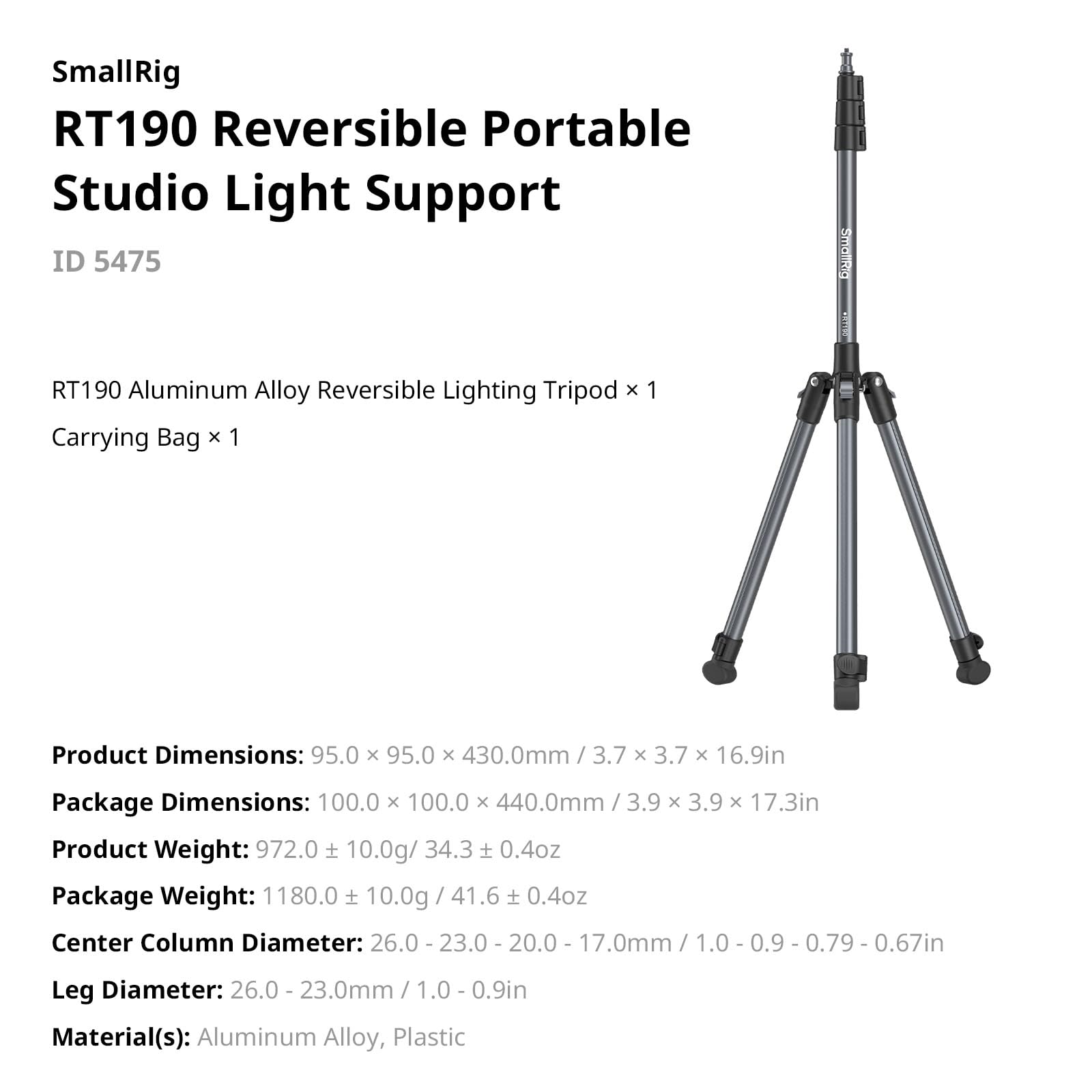 SMALLRIG 74,8"/190cm Lichtstativ, Max. Belastung 4kg, Kompaktes Stativ für Taschenlampen, Ringlicht, LED/RGBVideoleuchten, COB Licht, Faltbares und Verstellbares Beleuchtungsstativ - 5475