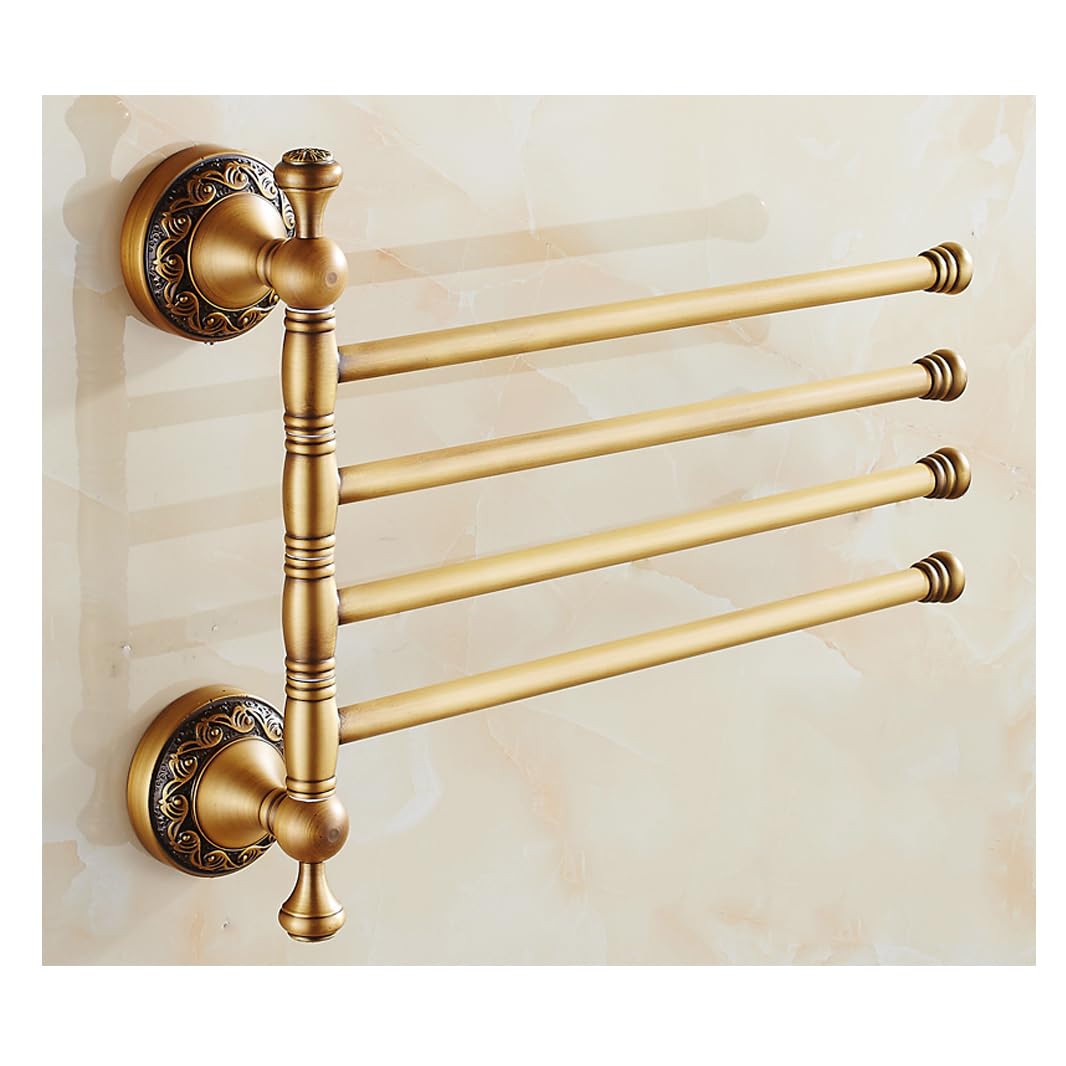LMYSXAOZ Antique Brass Swivel Towel Rack Bar for Bathroom, Brushed Bronze Pattern Carving Finish Heavy Duty Wall Mounted Folding Arm Swing Out Hanger Holder 4bar