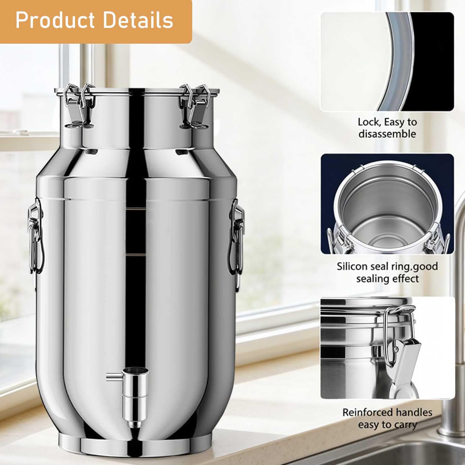 bidón de Agua con Grifo 15 litros Lata de Leche Acero Inoxidable Jarra con Tapa Transporte Cubo para Transportar Leche,para almacenar líquidos y sólidos(Capacity,15L)