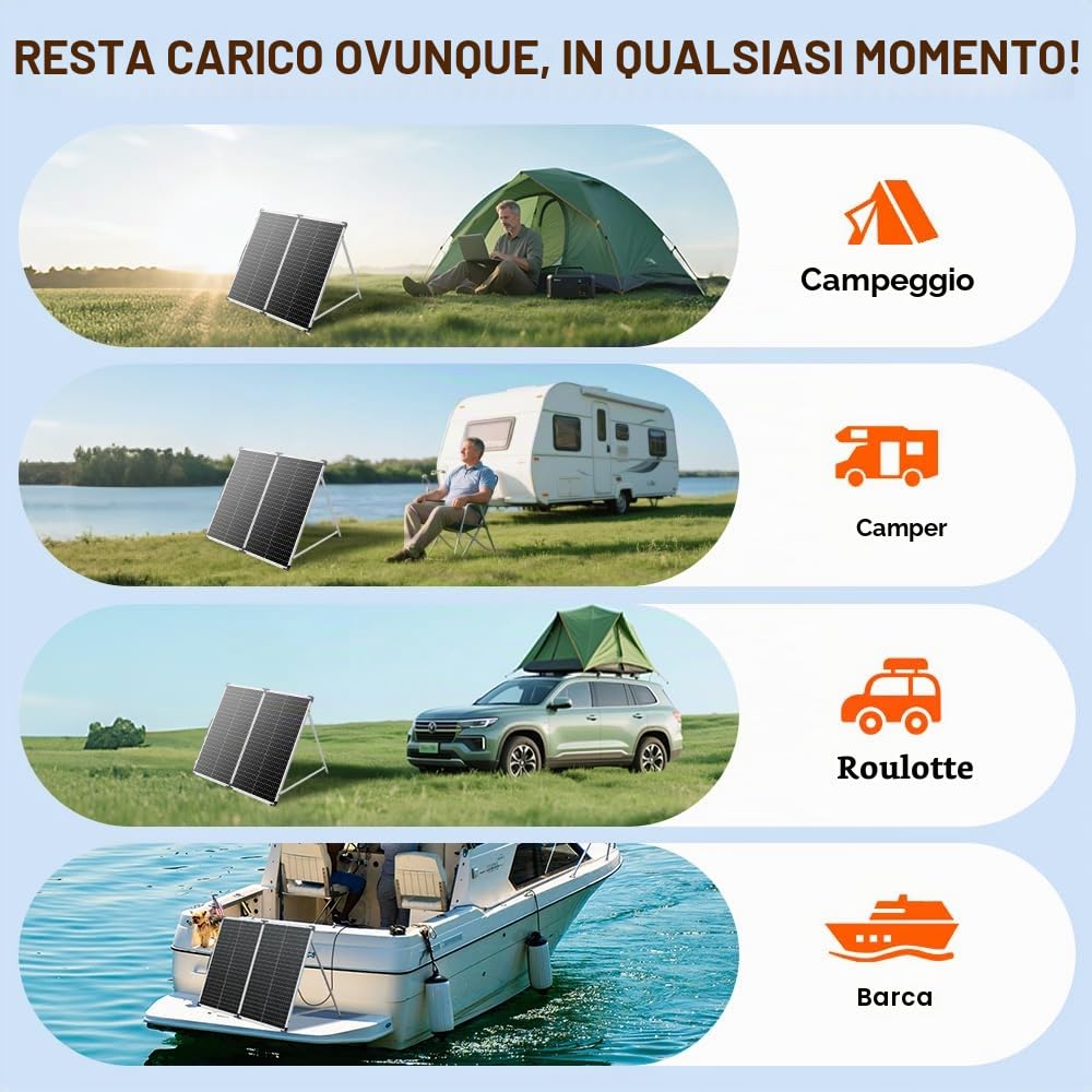 DOKIO 160W 18V Pannello Solare Portatile Pieghevole Monocristallino per batteria da 12V con regolatore di carica solare (2 porte USB) + borsa per il trasporto