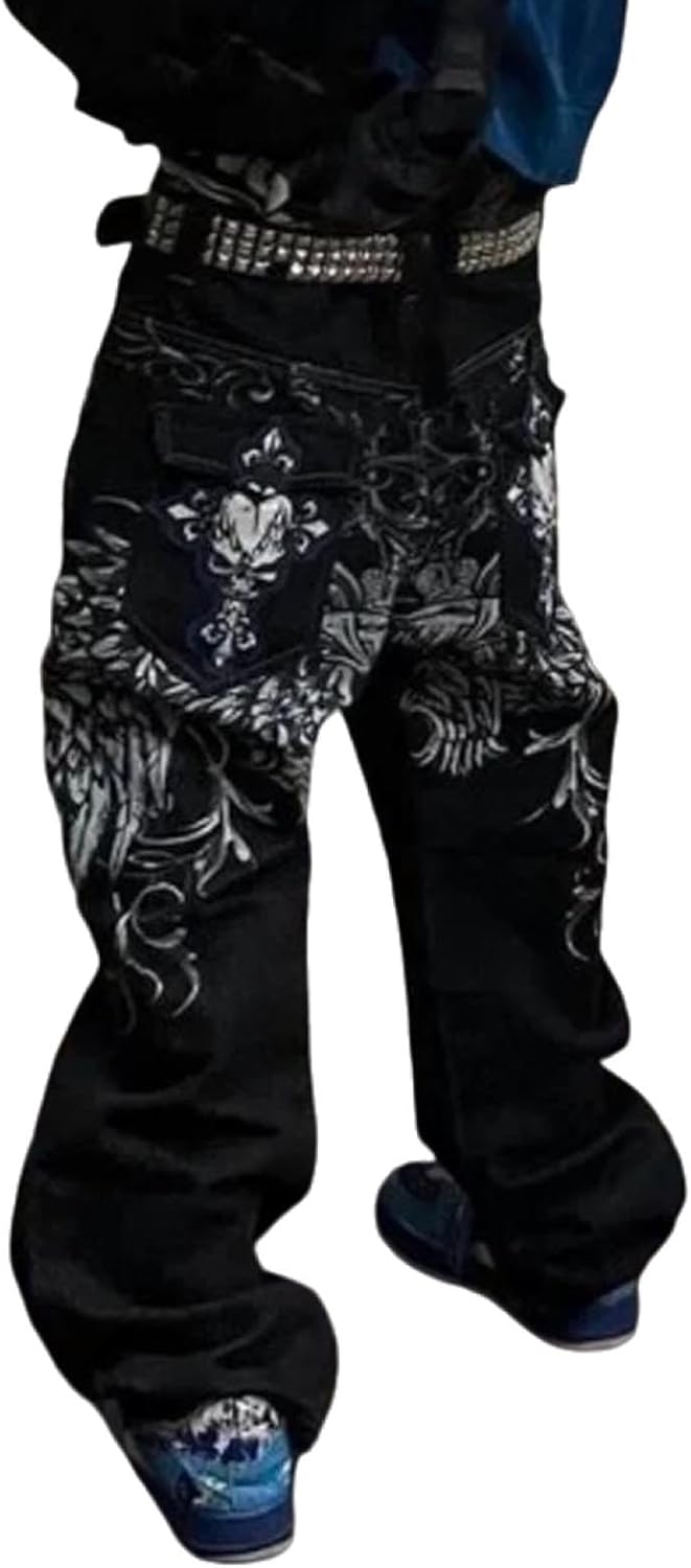 Retro Printed Jeans Street Hip-hop Y2K Gothic Straight Leg Loose Wide Leg Pants for Men