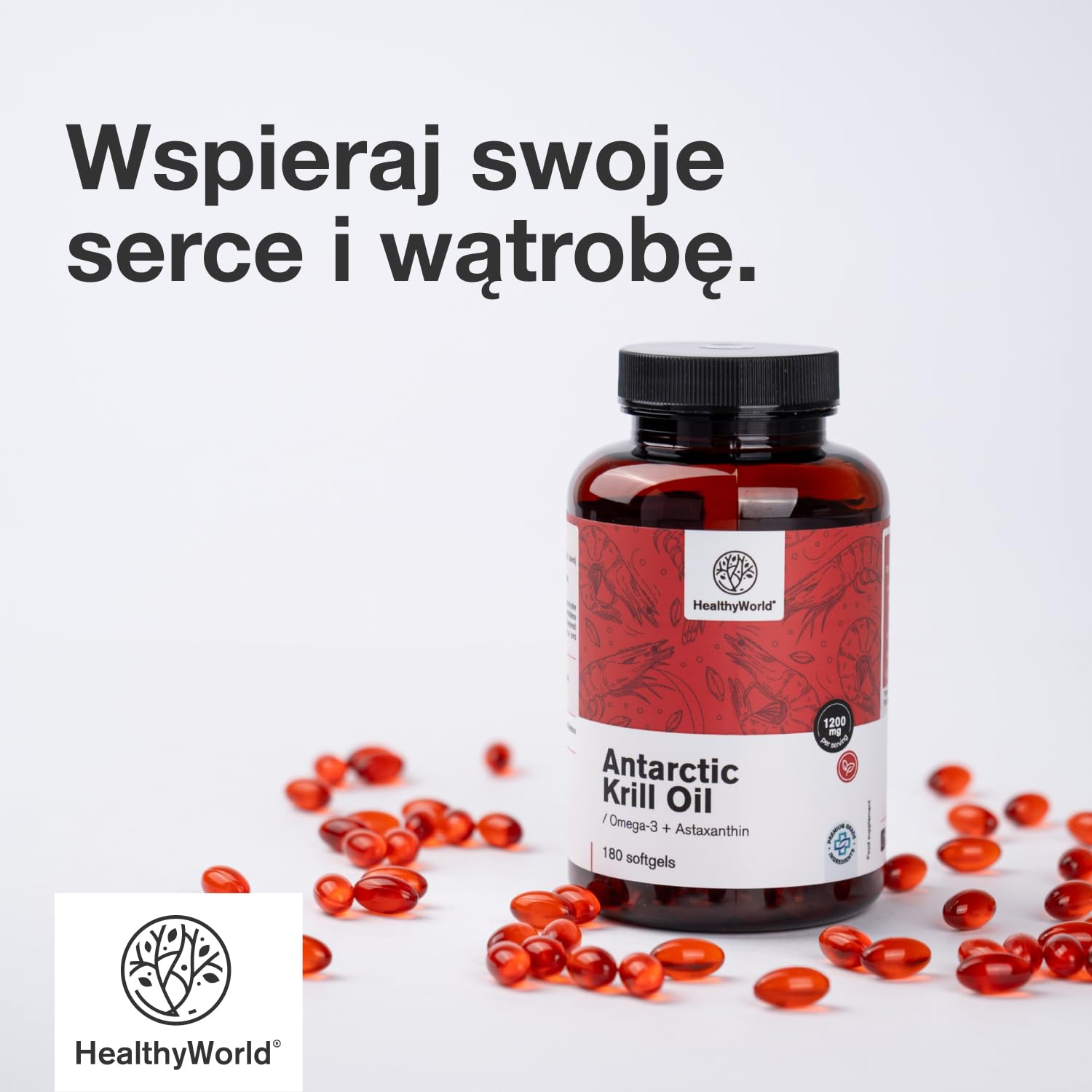 HealthyWorld Olej z kryla 1200 mg - 180 Miękkich Kapsułek - Omega-3 + Astaksantyna - Bez Glutenu, Laktozy i Sztucznych Aromatów - 3-miesięczny Zapas - Funkcjonowanie Serca i Żył