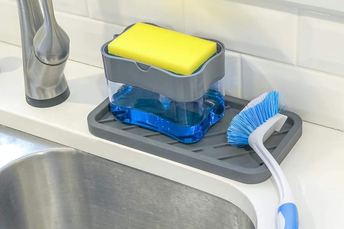 2 in 1 Soap Dispenser for Bathroom Accessories Dishwasher Liquid Holder Liquid Dispenser Pump 400 ML with Sponge Holder Kitchen Sink Accessories Items 3