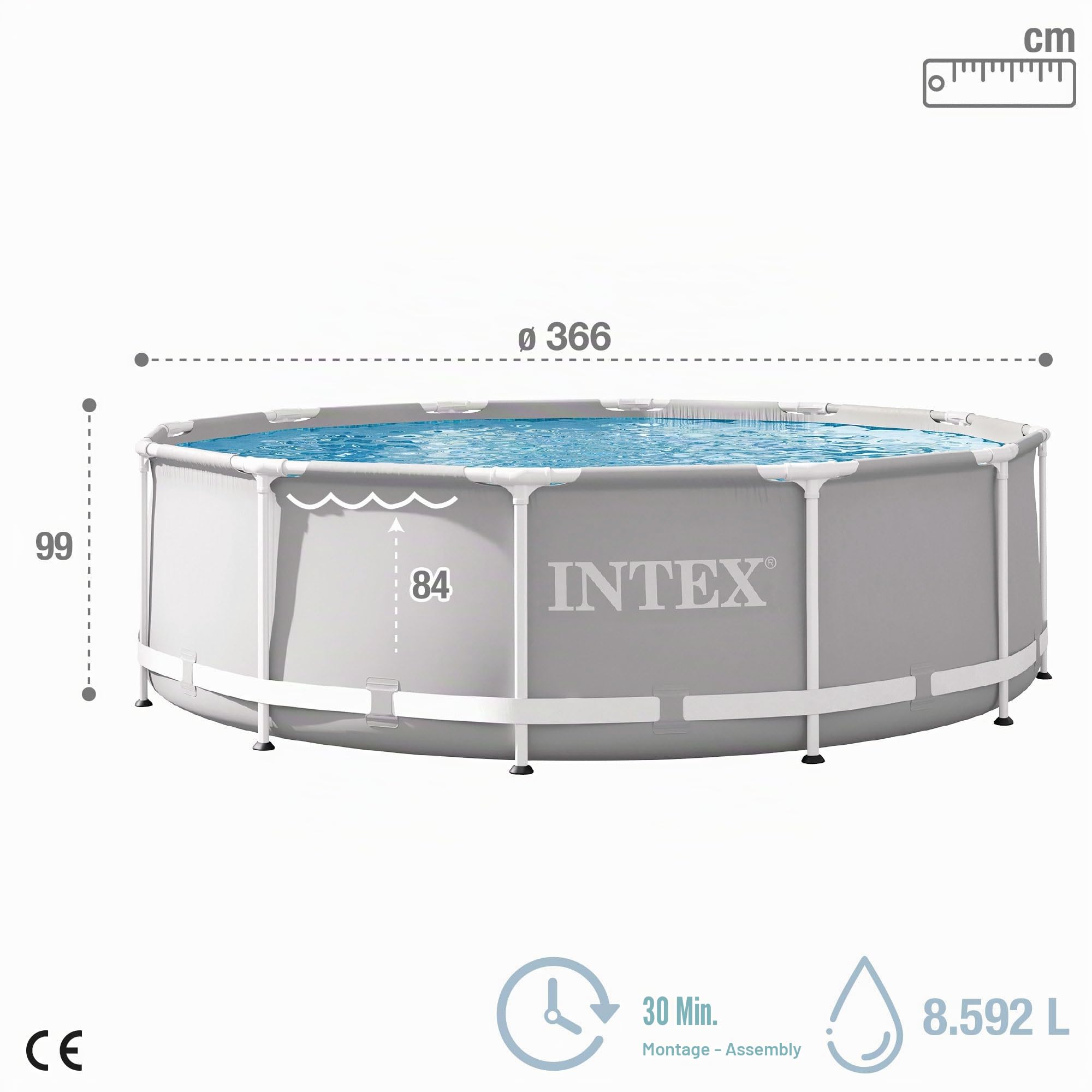 Intex 26716NP – Aufstellpool Prism Frame Rund, Filterpumpe 2006 L/h, Leiter, 8592 L, Stahl und PVC, Grau, 366x99 cm