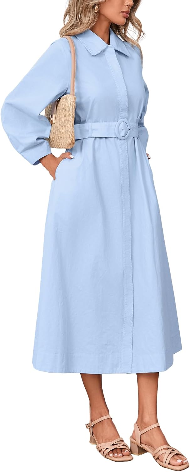 Women Button Down Shirt Dress 3/4 Sleeve V Neck Collared Midi Dress Belted A Line Shirtdress with Pockets - Image 5