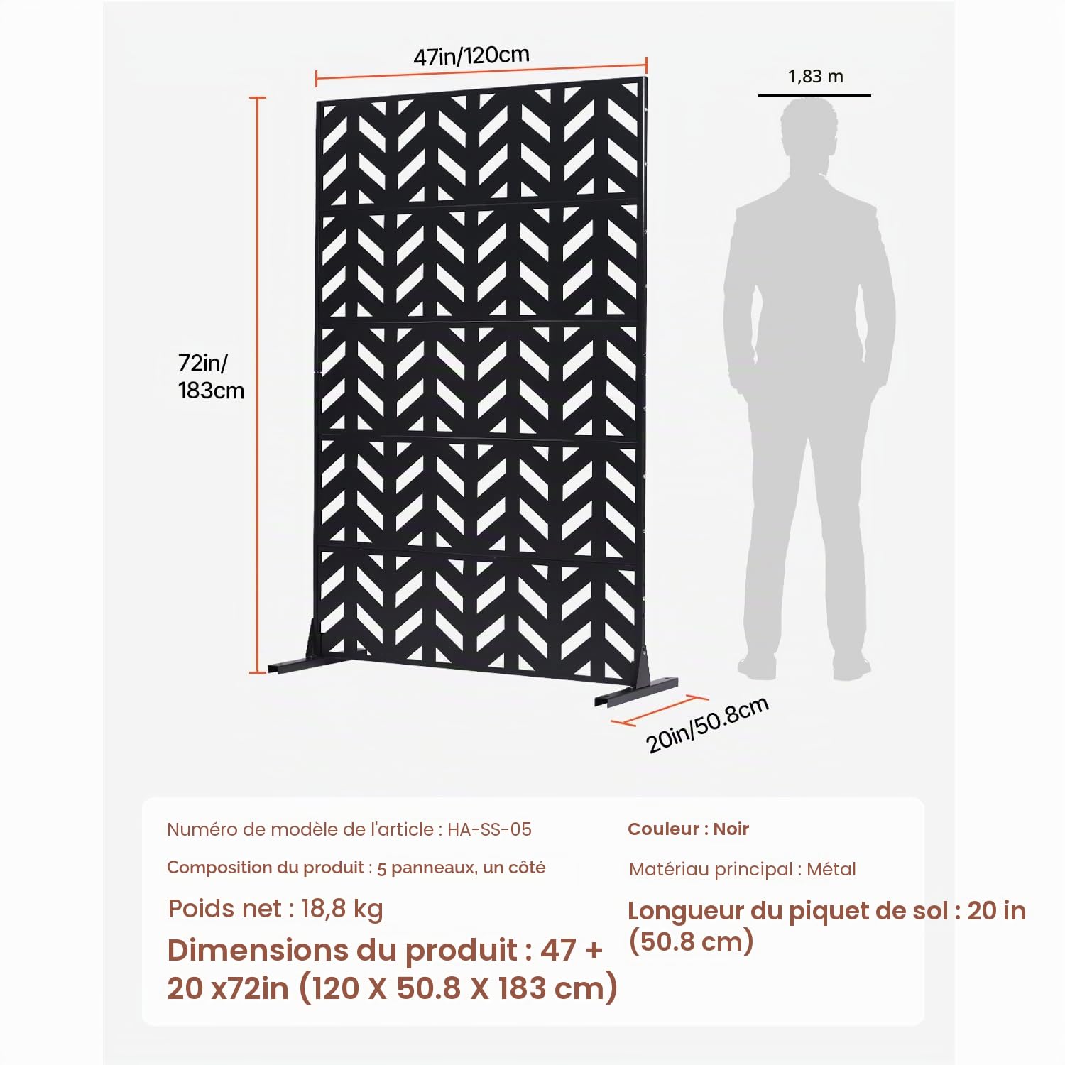 VEVOR Brise-Vue Métal, 120x183 cm, Panneau Intimité Autoportant avec Support, Écran de Confidentialité Décoratif, Paravent Séparateur Extérieur pour Patio, Balcon, Terrasse, Salle Intérieure, Jardin