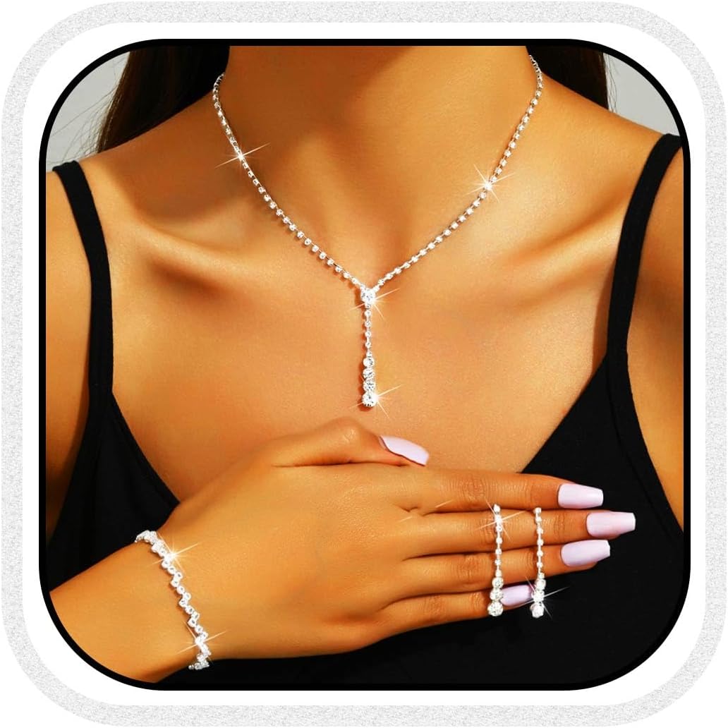 GORAIS Rhinestone Necklace Silver Wedding Jewelry Sets Prom Bridal Costume Jewelry for Women and Brides