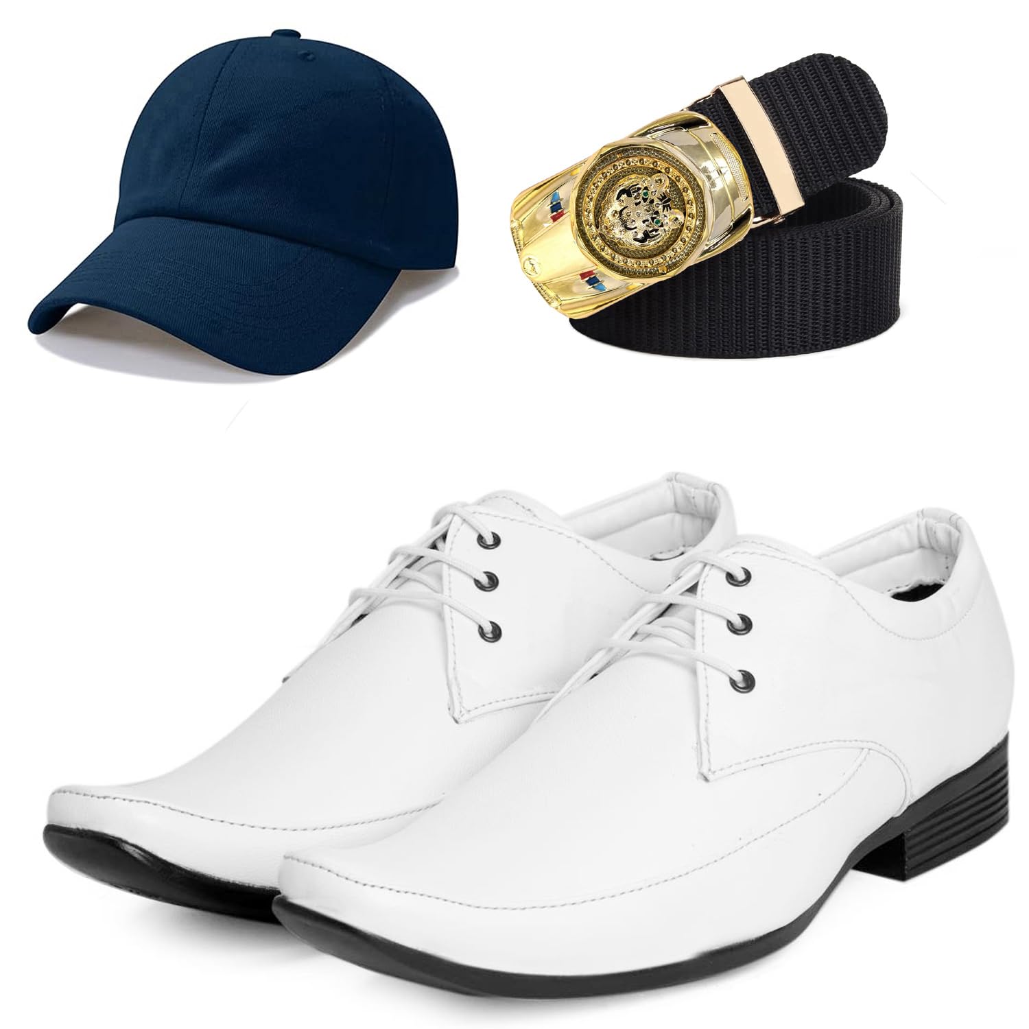Formal Shoes with Free Base Ball Cap & Free Belt Combo for Men & Boys White-image-49