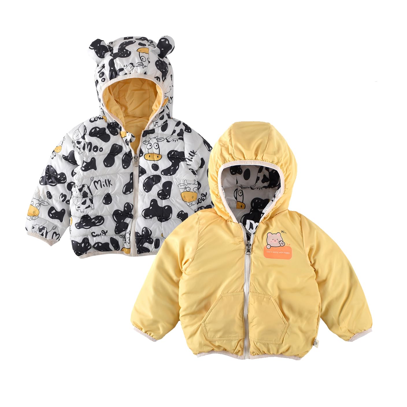 Bold N ElegantCartoon Print Reversible Winter Puffer Jacket for Kids Hooded Coat Jacket with Fleece Lining for Boys & Girls