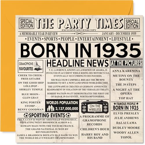 Tarjetas de cumpleaños número 89 para hombres y mujeres – Born In 1935 Newspaper – Tarjeta de feliz cumpleaños 89 para abuelo, abuela, abuela, abuela, abuela, vintage, retro en 1935, 145 mm x 145 mm,