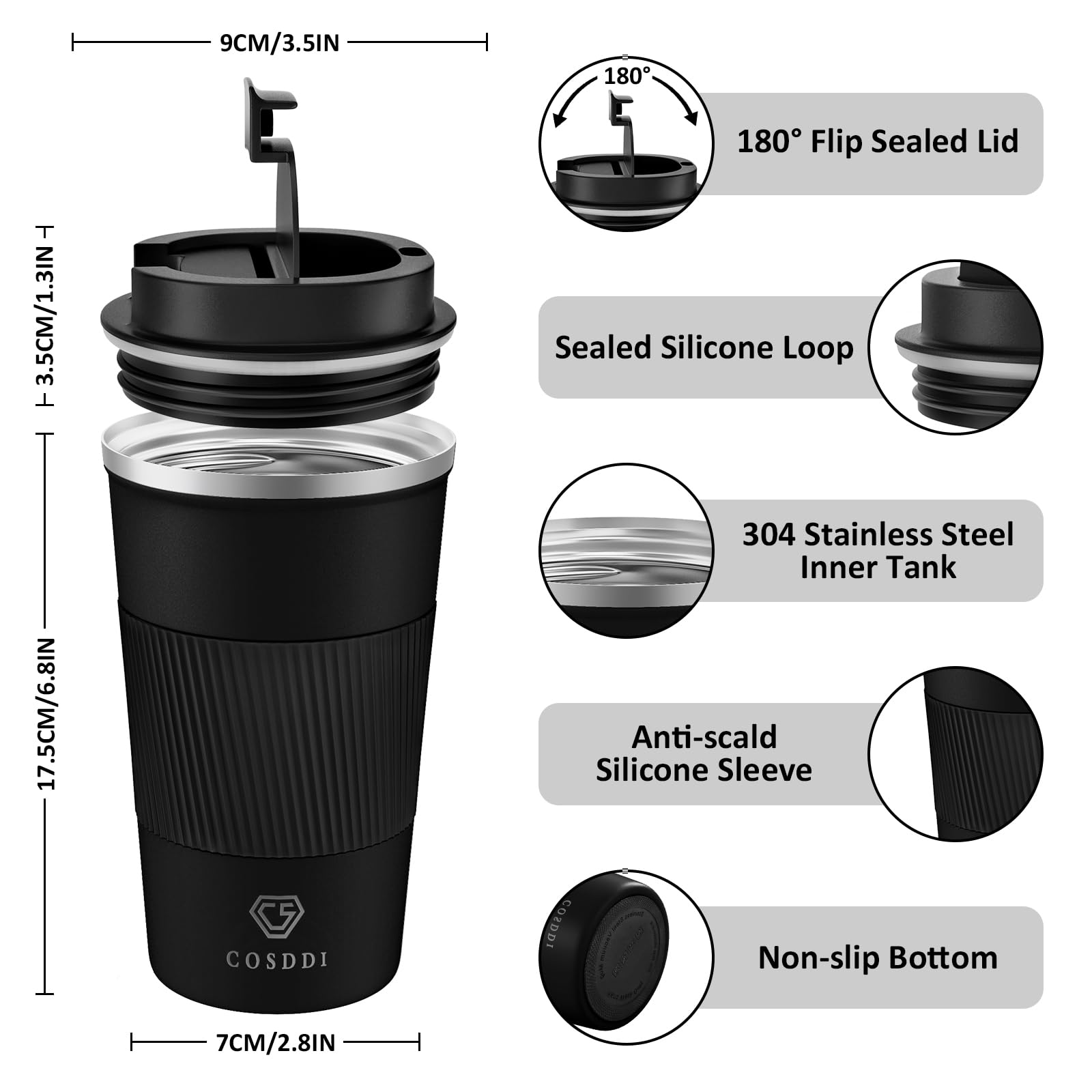 CS COSDDI Tazza Termica,Tazza da Viaggio per Caffe,Beuta da vuoto in acciaio inossidabile,Tazza termica da viaggio con coperchio a prova di perdite -Adatta a Caffe Te e Altre Bevande