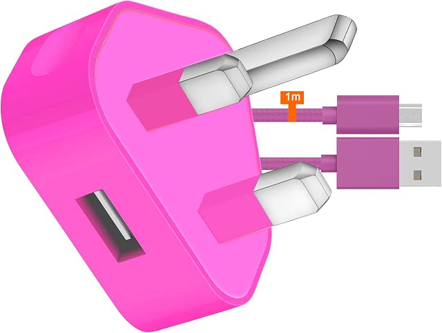 IWIO 3 Pin UK USB Mains Charger Adapter 1000 mAh / 1 AMPwith USB 2.0 Micro USB Sync and Charge Cable 1 Meter compatible with Amazon Fire 7" Inch - PINK