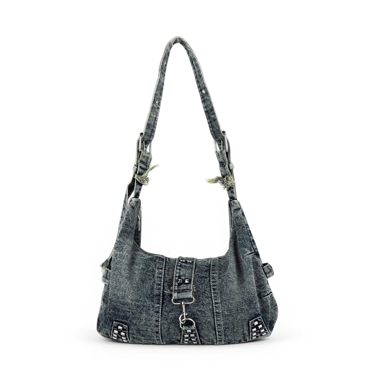 palay Crossbody Bag for Woman Vintage Washed Denim Shoulder Bag Silver Studded Accents Cloth Tote Bags with Adjustable Straps Punk Retro Casual Street Handbag for Woman Girls-picture-14