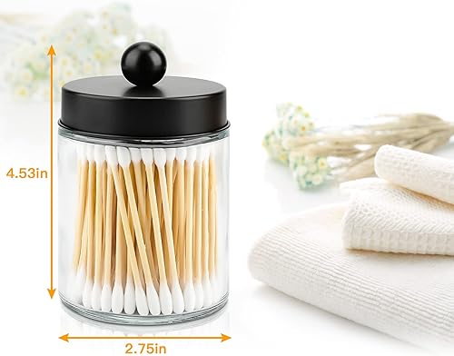 Miniatura 6 de Goramio Paquete de 4 tarros de boticario de vidrio con tapas para baño, bonito soporte para Qtip, juego de accesorios de baño negros, pequeños