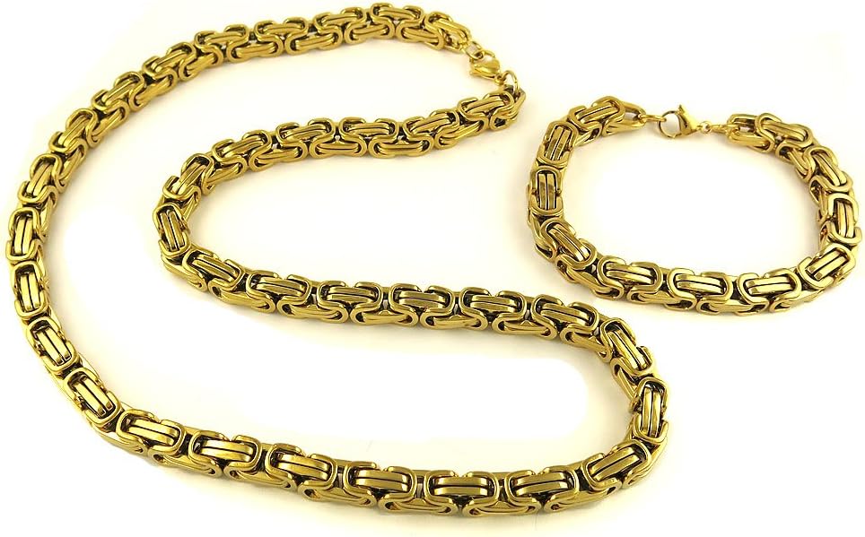 Men's Stainless Steel Mechanic Bracelet Necklace Link Byzantine Chain Set Gold Color- Biker Chain - Image 2