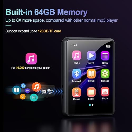 Miniatura 3 de Reproductor de MP3 con Bluetooth 5.0, reproductor de música de sonido HiFi portátil sin pérdidas con altavoz, memoria integrada de 64 GB, radio FM,