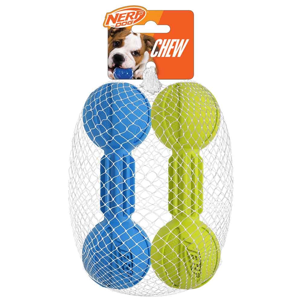Nerf Dog Chewable Barbell Dog Toy, Lightweight, Durable and Water Resistant, 7.5 Inches, For Medium/Large Breeds, Two Pack, Blue and Green (8953)