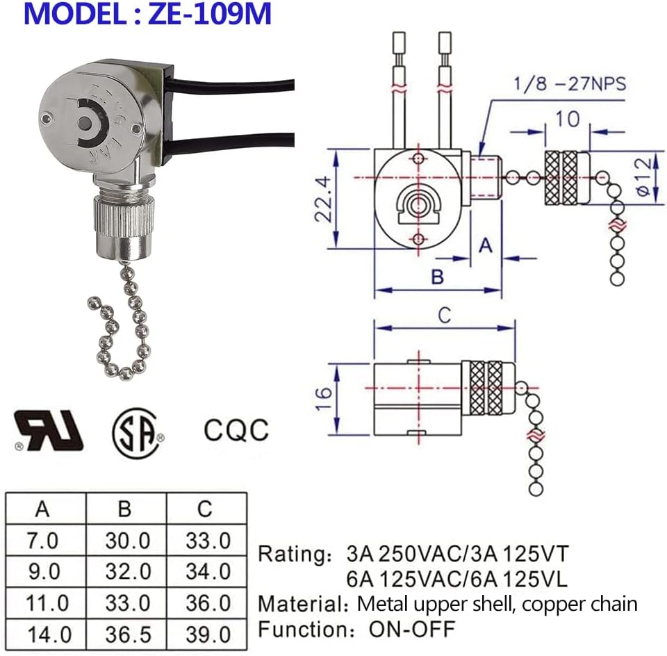Nickel Metal Ceiling Fan Pull Chain Switch