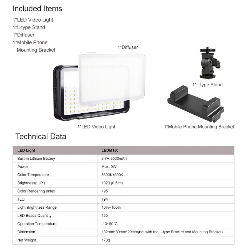 Godox LEDM150 - Lampada LED video Light 5600 K, dimmerabile, TLCI 94+ e batteria al litio per smartphone e fotocamera DSLR