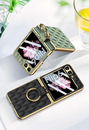 Miniatura 7 de SHIEID Z Flip 6 - Funda de piel para Galaxy Z Flip 6 con marco galvanizado, soporte de anillo, forro de esponja y diseño en forma de diamante para