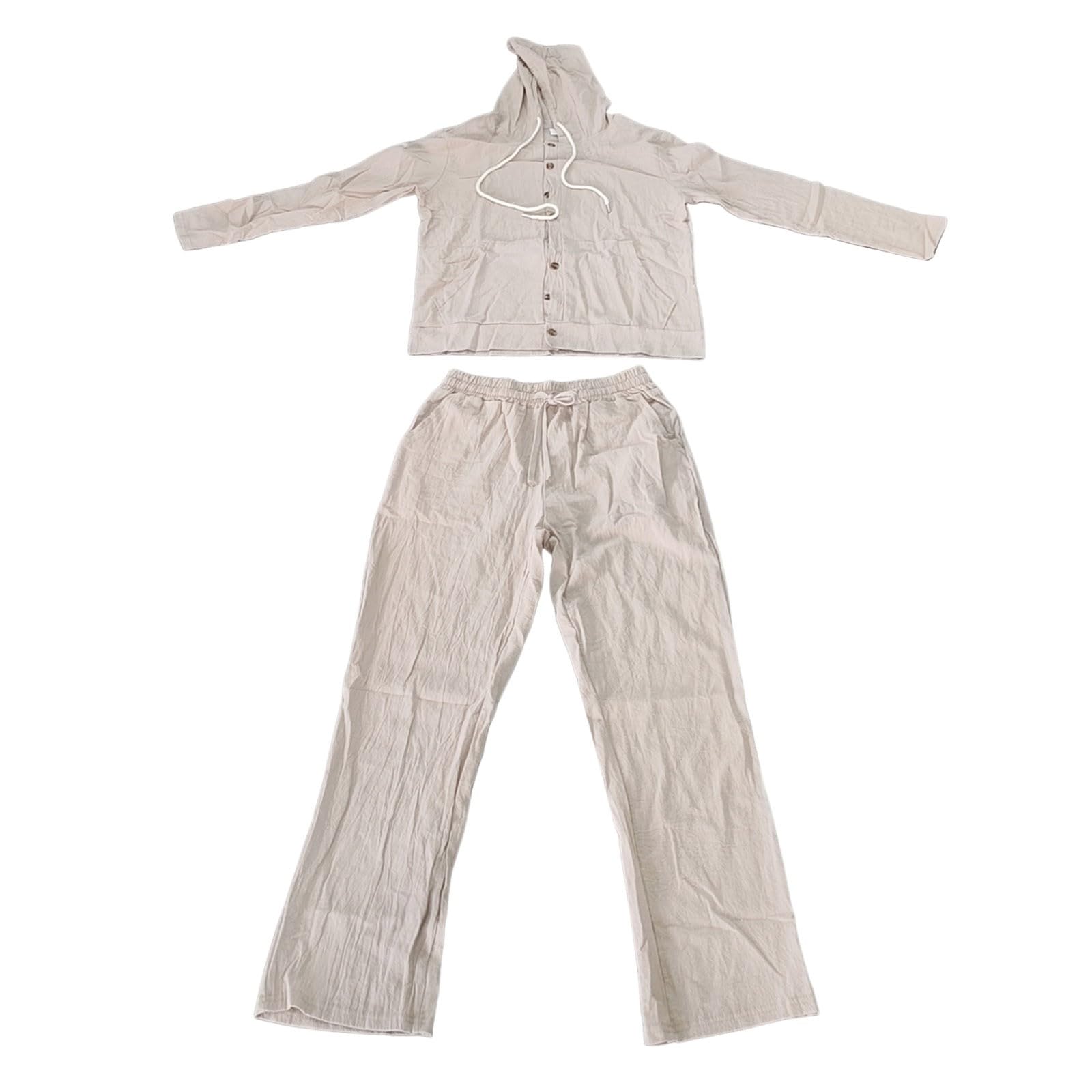 Tuta da uomo 2 pezzi in lino con cappuccio, camicia e pantaloni, tuta da