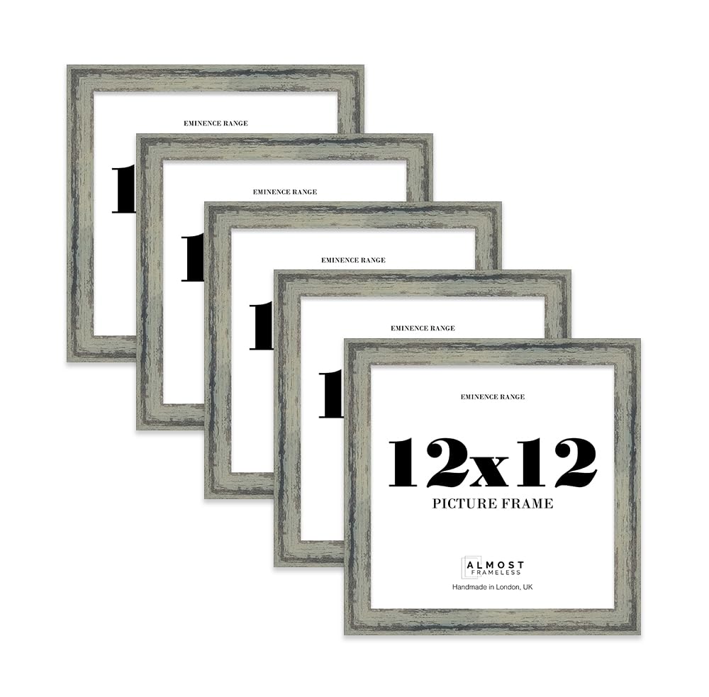 12x12 Distressed Green Picture Frame - Rustic Wood Industrial Effect Photo Frame for Wall Display, Ideal for Posters, Prints & Home Décor, Wall Hooks and Kickstand, 32mm Edge - 5 Pack