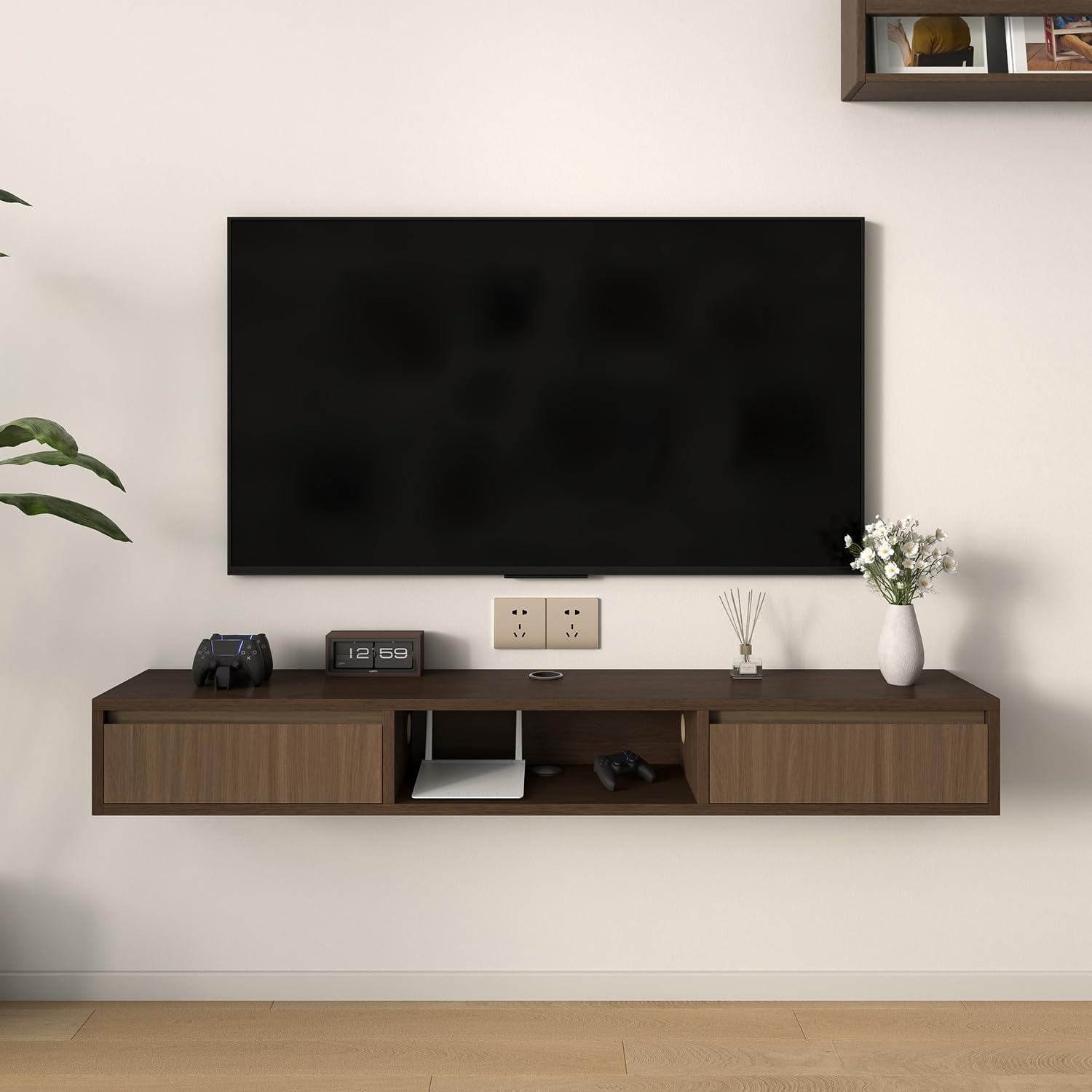 47" Floating TV Stand for TVs up to 65", Heavy-Duty 11-Layer Plywood Wall Mounted Media Console with Soft Close Drop Down Door, Anti-Sag Entertainment Center, Walnut