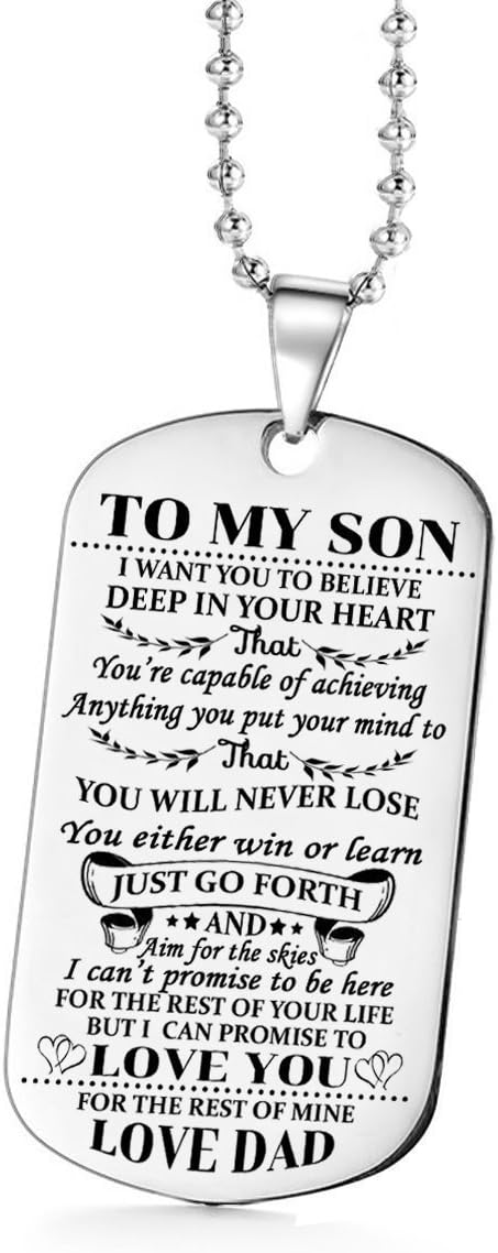 Dad Mom to Son Dog Tag Inspirational Message Pendant Necklace Keychain Birthday Jewelry Gift for Boys Teen