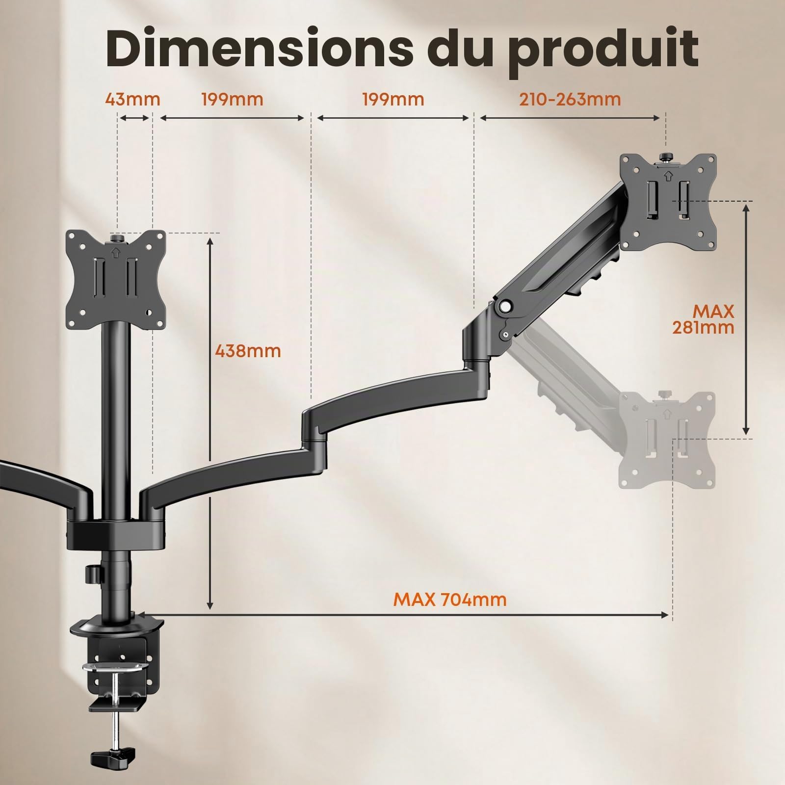 PUTORSEN Support 3 Écran PC Moniteur, Premium Aluminium Bras Articulé Ergonomique Ressort Gaz pour Triple Écrans 17-27", Hauteur Réglable Inclinaison Pivot et Fixation Bureau, Bras Supporte 7kg