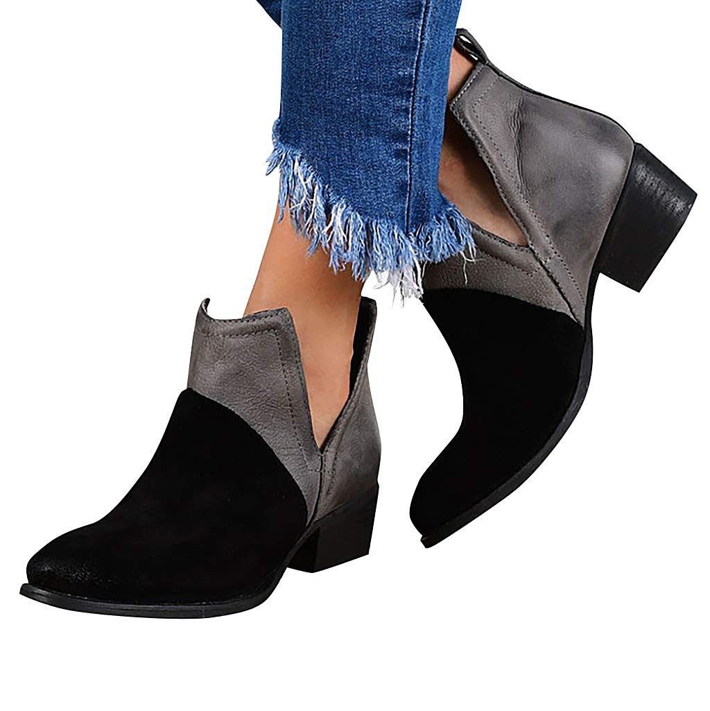 HbeyliaWomen's Ankle Booties Fashion Casual Suede Pointed Toe V Cut Chunky Mid Heels Ankle Boots Western Cowboy Dress Short Boots For Women Ladies