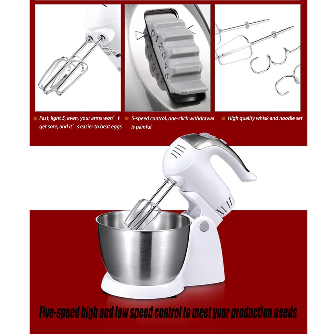 Batidora De Pie para Hornear, Batidora De Pie Eléctrica para Hornear, Batidora De Masa con Recipiente De 3 litros, Gancho para Masa, Batidor, Patas Antideslizantes, 5 Velocidades White